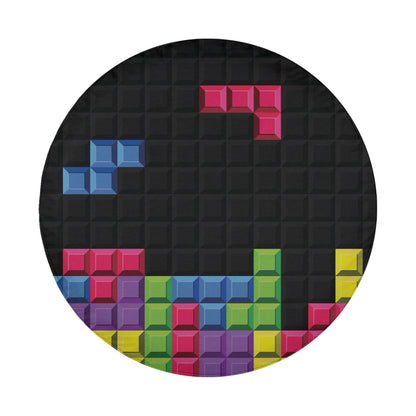 a circular arrangement of colorful blocks in various shapes and sizes, creating a visually striking and vibrant composition.