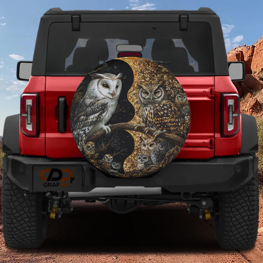 a red Jeep Wrangler with a large owl decal on the rear window.