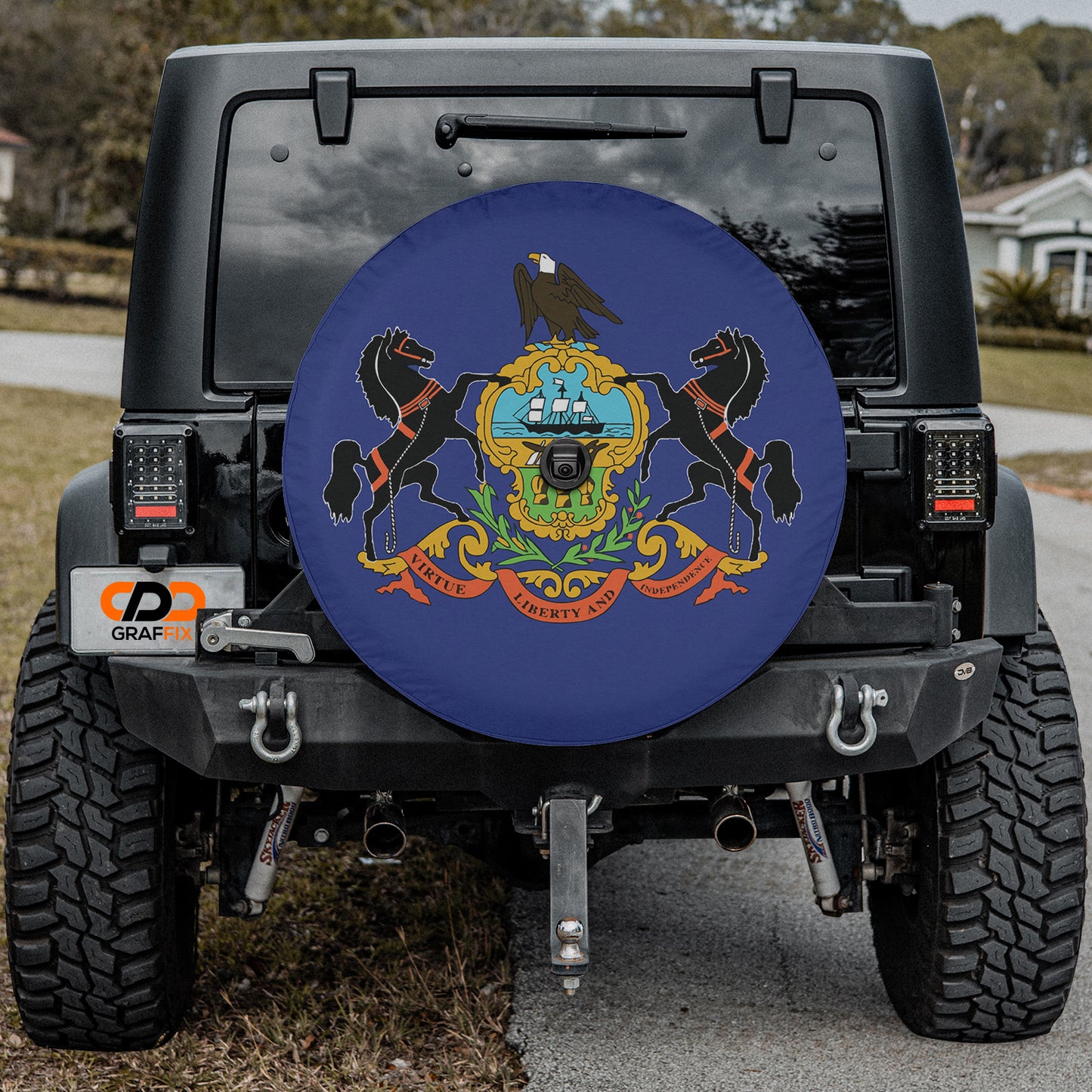 a blue and yellow frisbee on the back of a black jeep