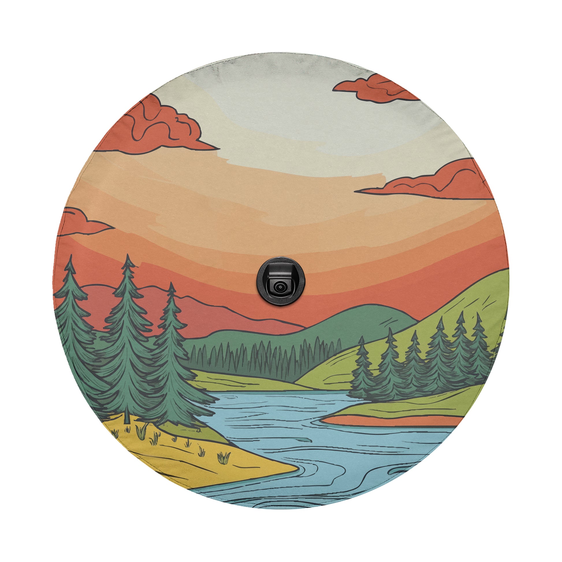 a painting of a lake and trees with a sunset in the background