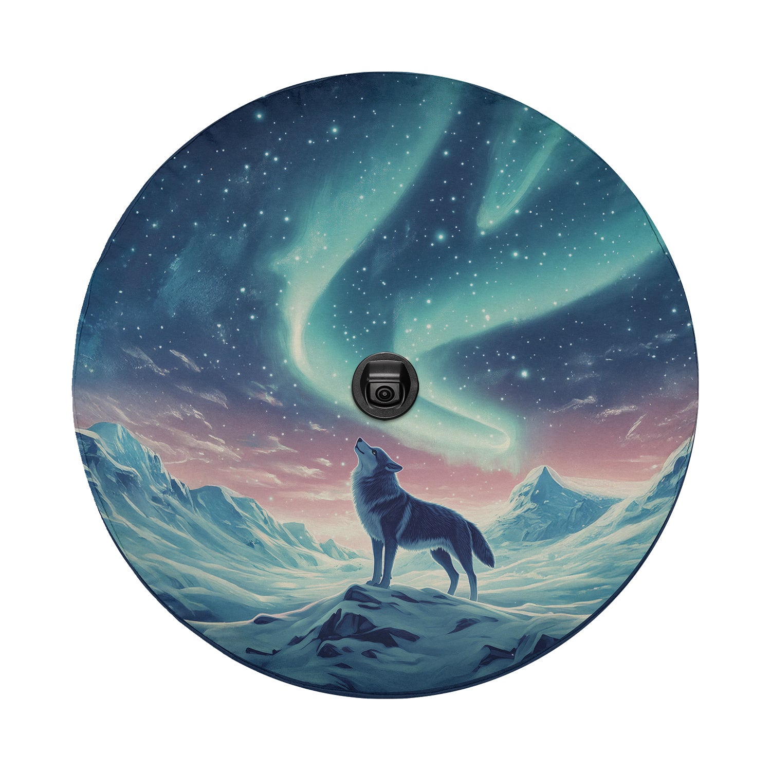 a painting of a wolf standing on top of a snow covered hill