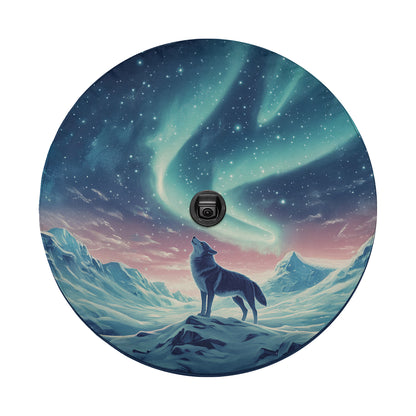 a painting of a wolf standing on top of a snow covered hill
