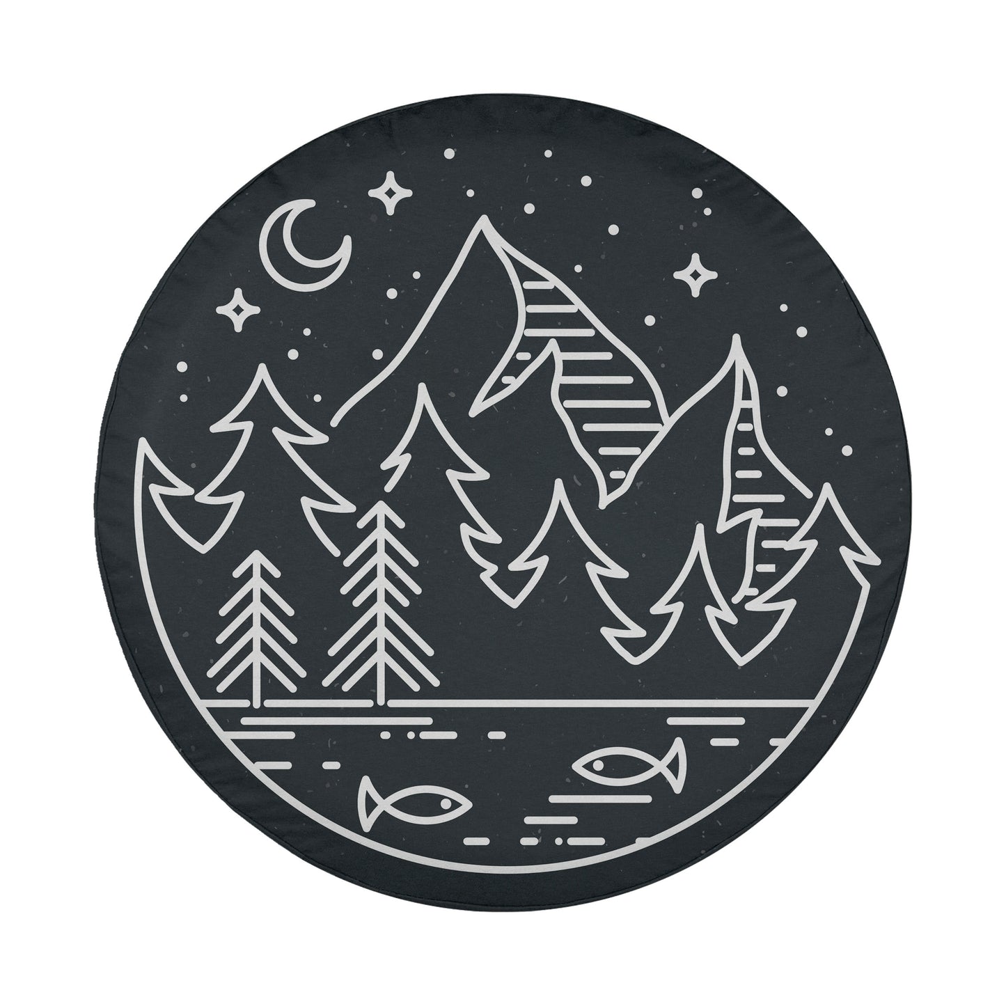 A circular illustration depicting a nighttime landscape with mountains, pine trees, and a lake, with a crescent moon and stars in the sky.