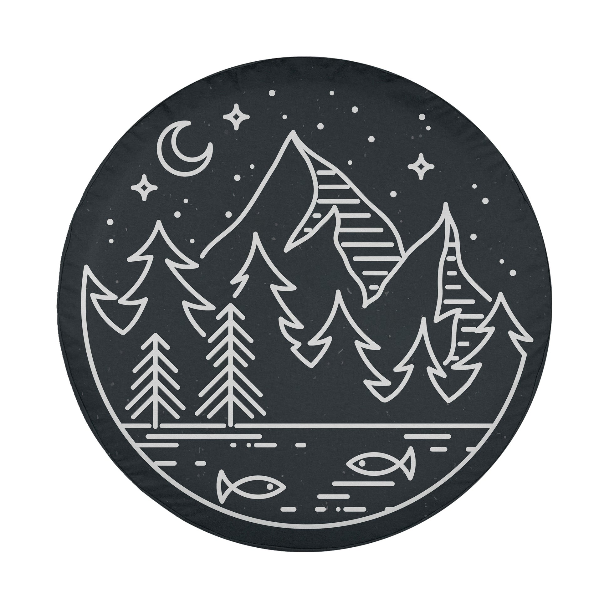 A circular illustration depicting a nighttime landscape with mountains, pine trees, and a lake, with a crescent moon and stars in the sky.