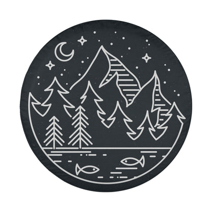 A circular illustration depicting a nighttime landscape with mountains, pine trees, and a lake, with a crescent moon and stars in the sky.