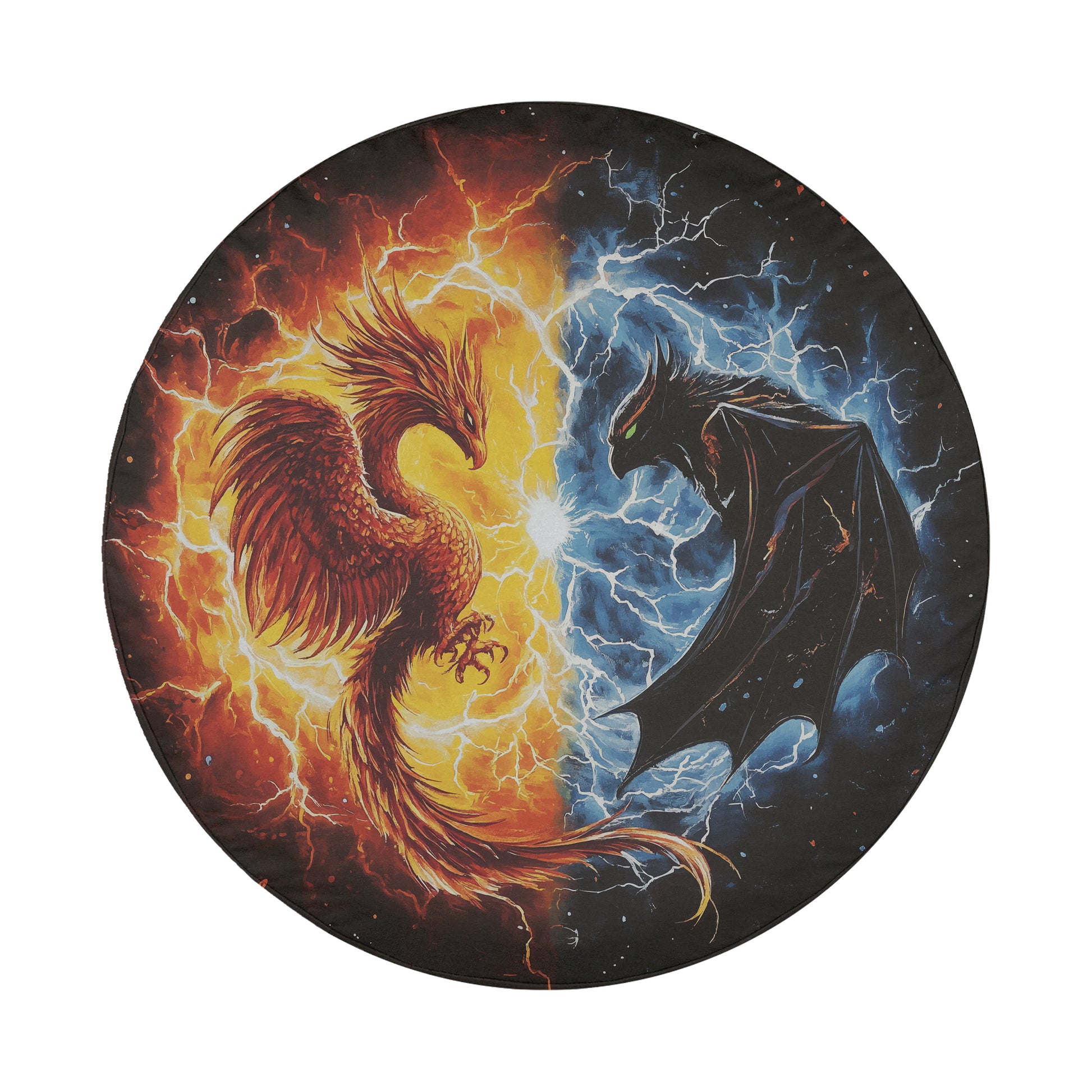 a fiery phoenix and a menacing black dragon, both facing each other in a dramatic confrontation.
