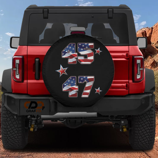 A red Jeep Wrangler with a large American flag-themed spare tire cover on the rear.