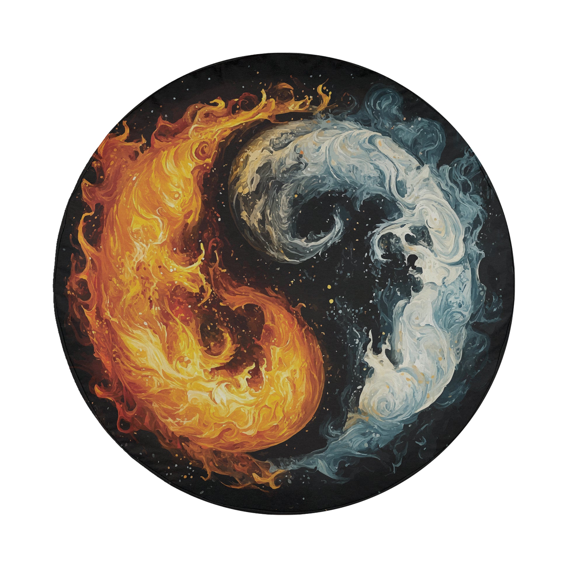 a fiery orange and white swirl, with a dark background and scattered white and black shapes.