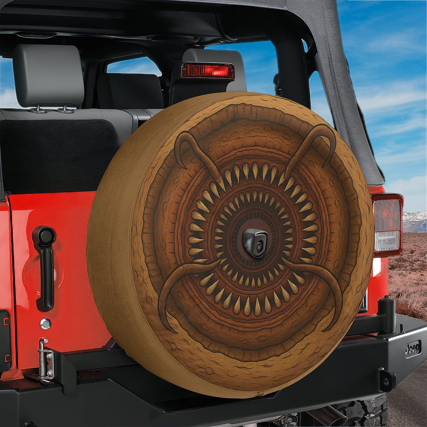 A red Jeep Wrangler with a large tire cover featuring an intricate, decorative design.