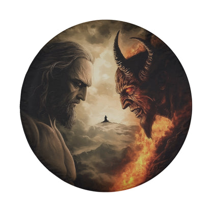 a man with a beard and long hair standing in front of a fiery, demonic figure.