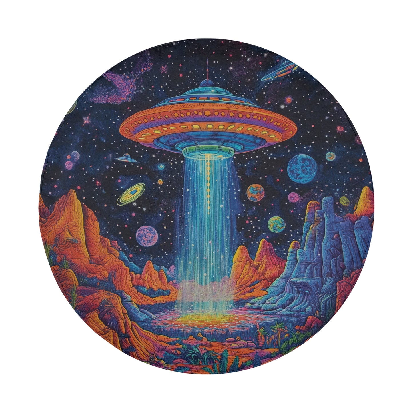 a painting of a spaceship flying over a mountain