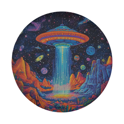 a painting of a spaceship flying over a mountain
