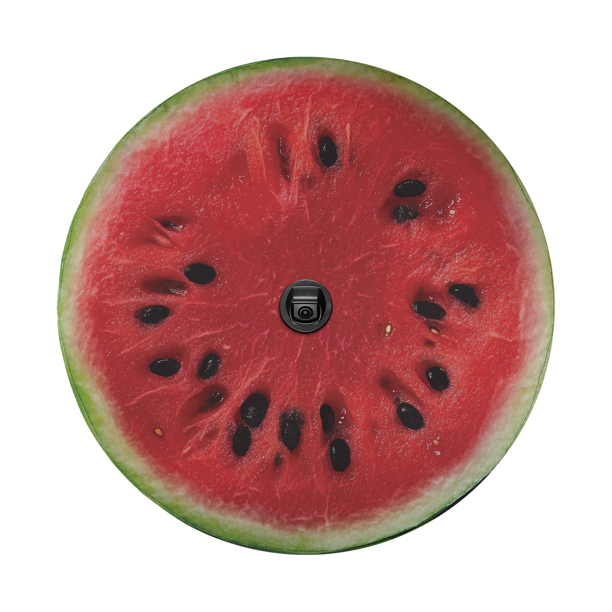 A close-up view of a sliced watermelon, revealing its juicy red flesh and black seeds.