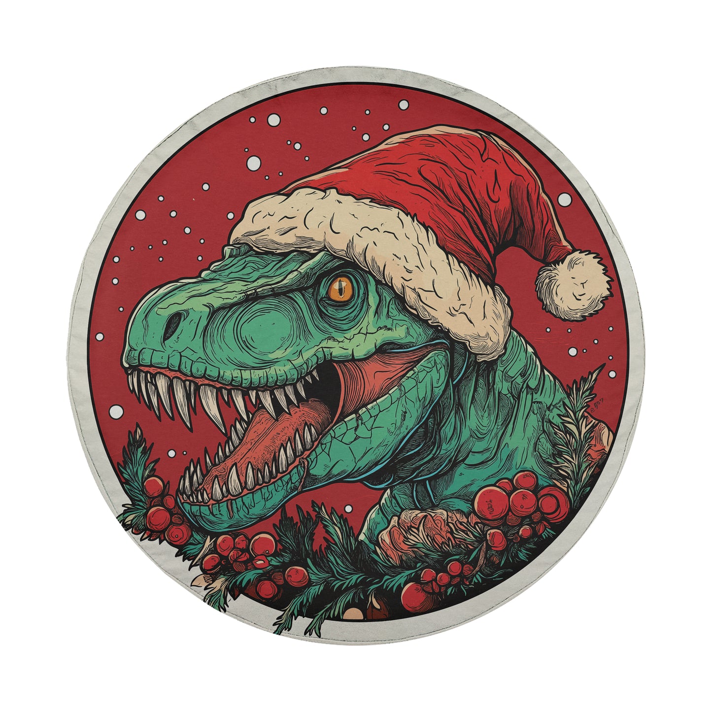 A green dinosaur wearing a Santa hat, surrounded by berries and pine branches, against a red background with snowflakes.