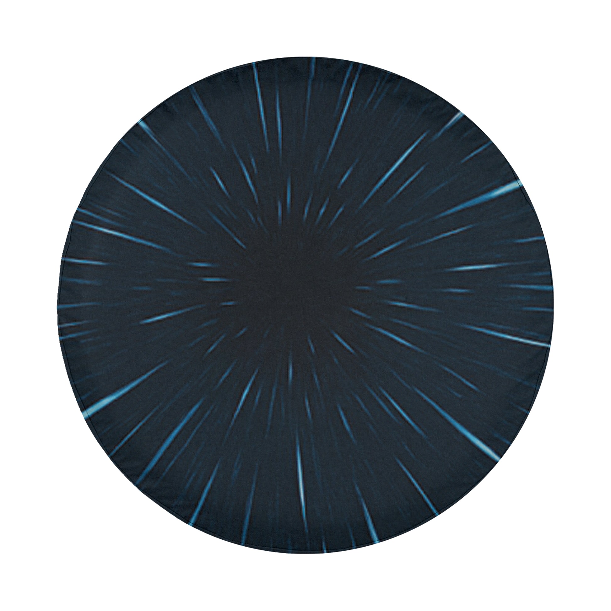 The image is a circular design with a dark blue background and a pattern of blue lines radiating outwards, creating a sense of movement and energy.