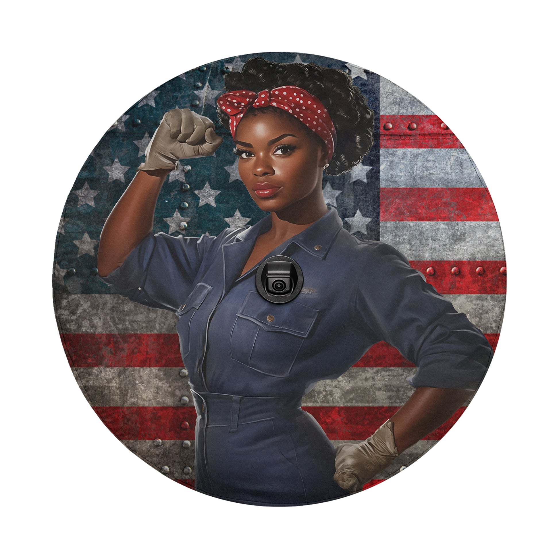 A woman wearing a blue jumpsuit and a red headband stands in front of an American flag, with her fist raised.