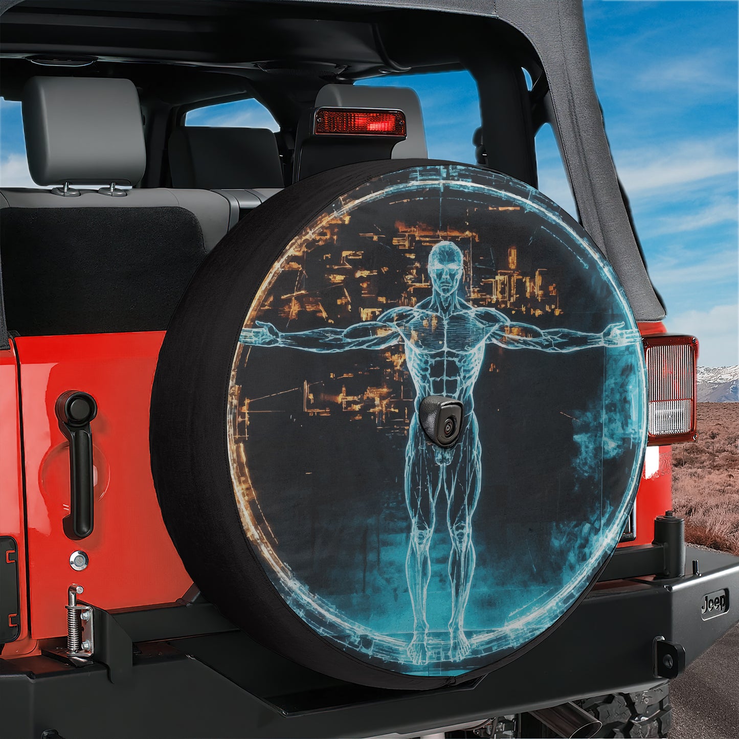 A red Jeep vehicle with a large tire cover featuring a futuristic image of a human figure.