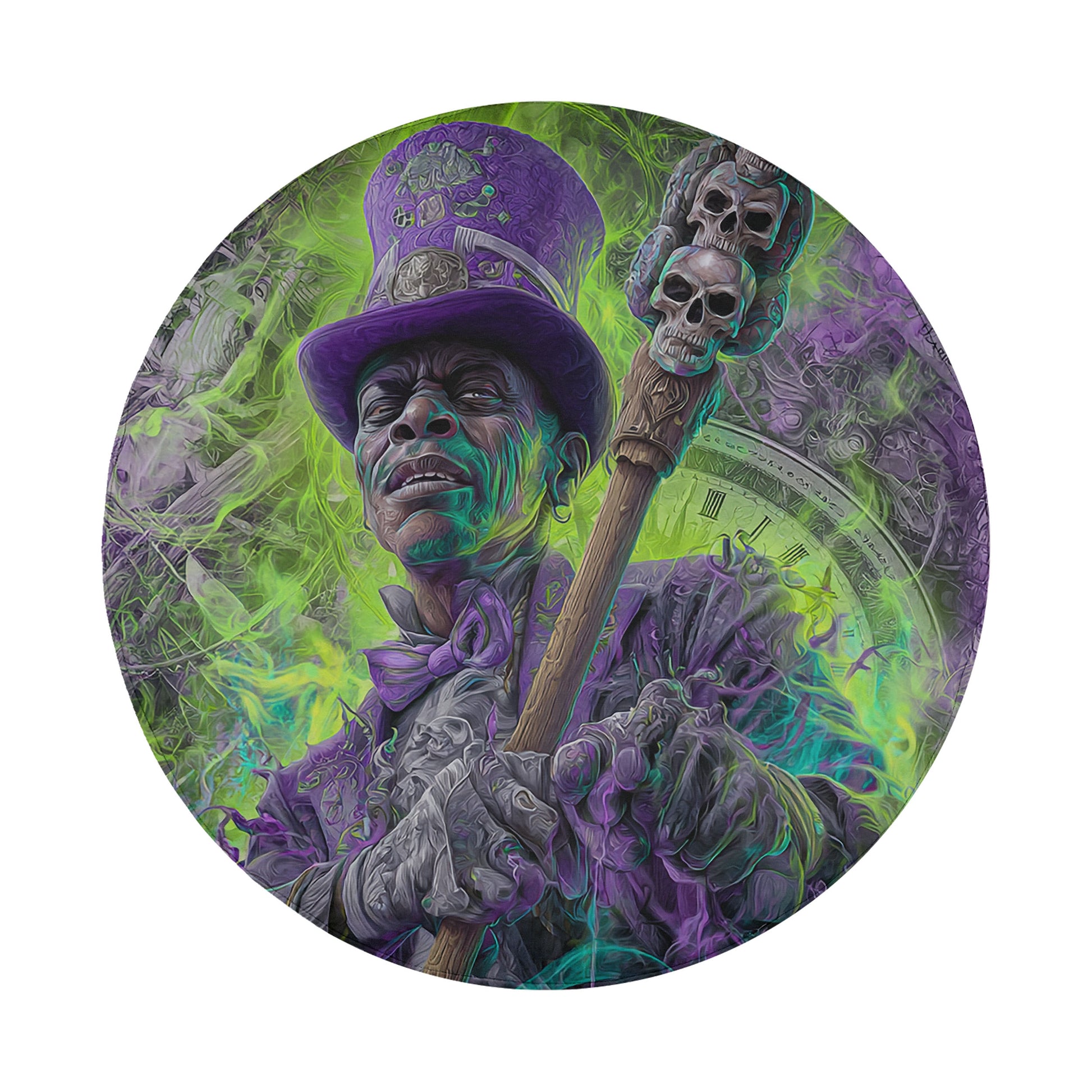 The image is a painting of a man wearing a top hat and holding a staff with skull designs.