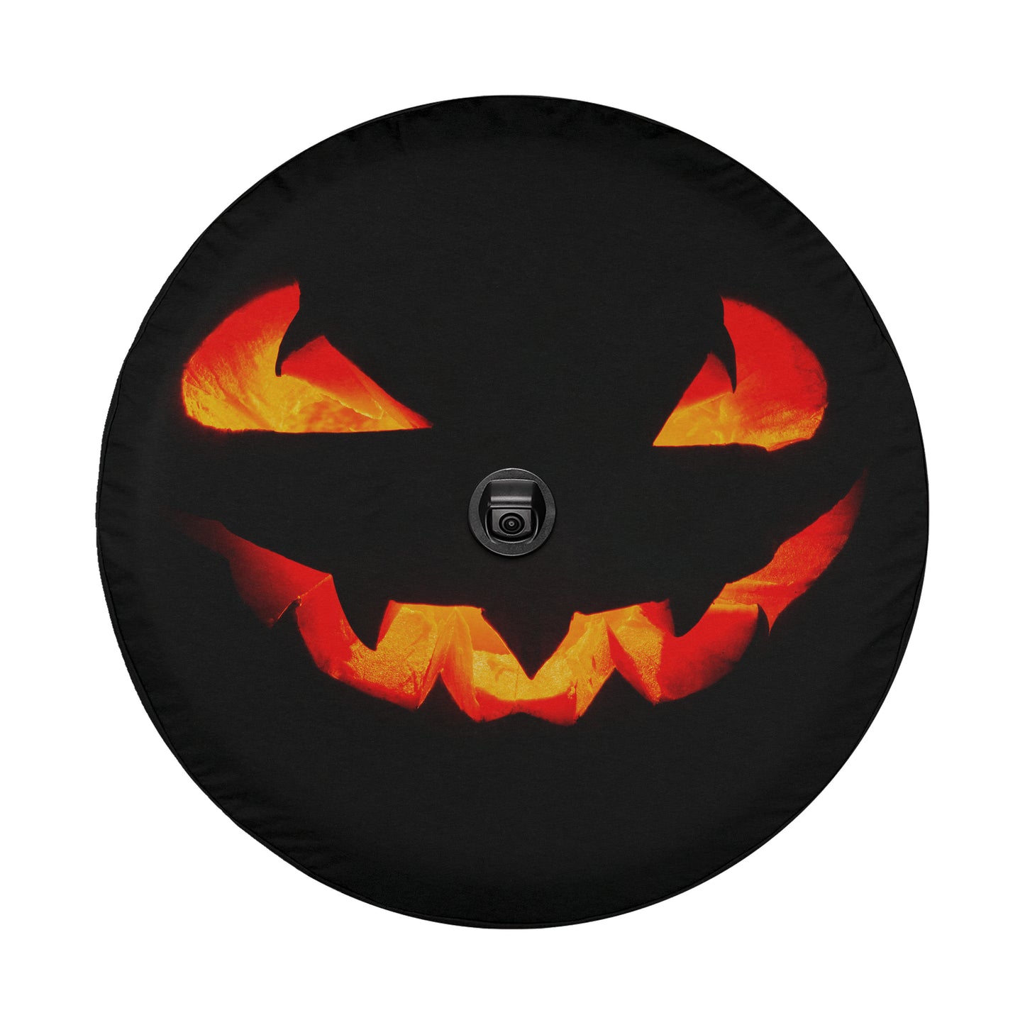 A wheel cover with a Halloween-themed design featuring a pair of glowing jack-o-lantern eyes and a black camera lens.