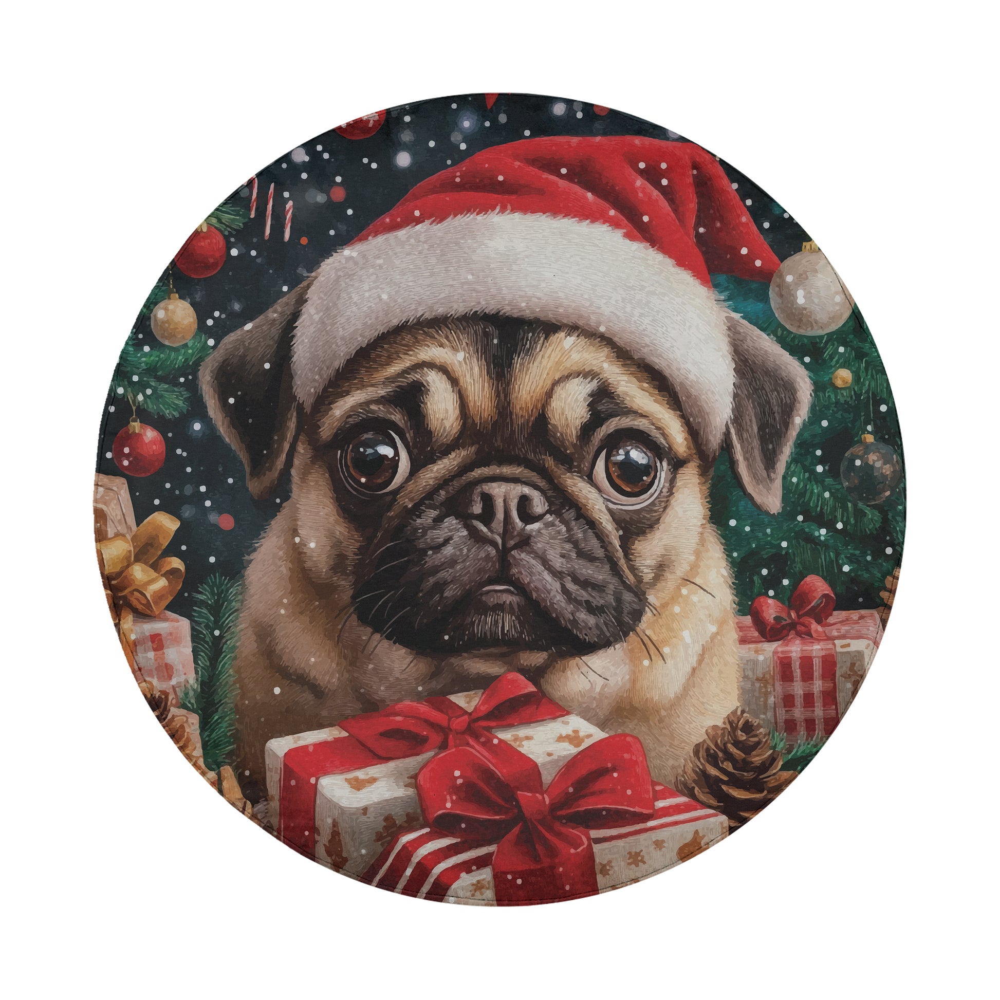 A pug dog wearing a Santa hat and surrounded by Christmas decorations, including presents and a Christmas tree.