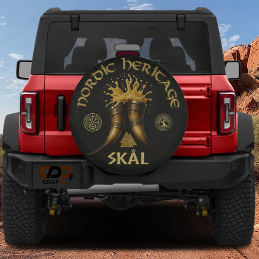 a red Jeep Wrangler with a large black tire cover on the rear of the vehicle.