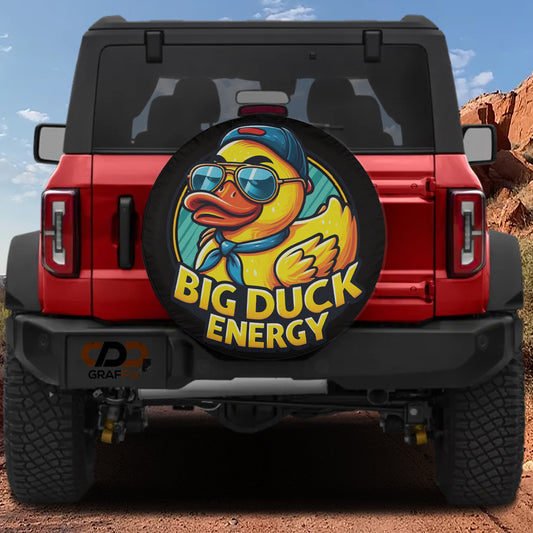 a red Jeep Wrangler with a tire cover featuring a cartoon duck wearing sunglasses and a hat.