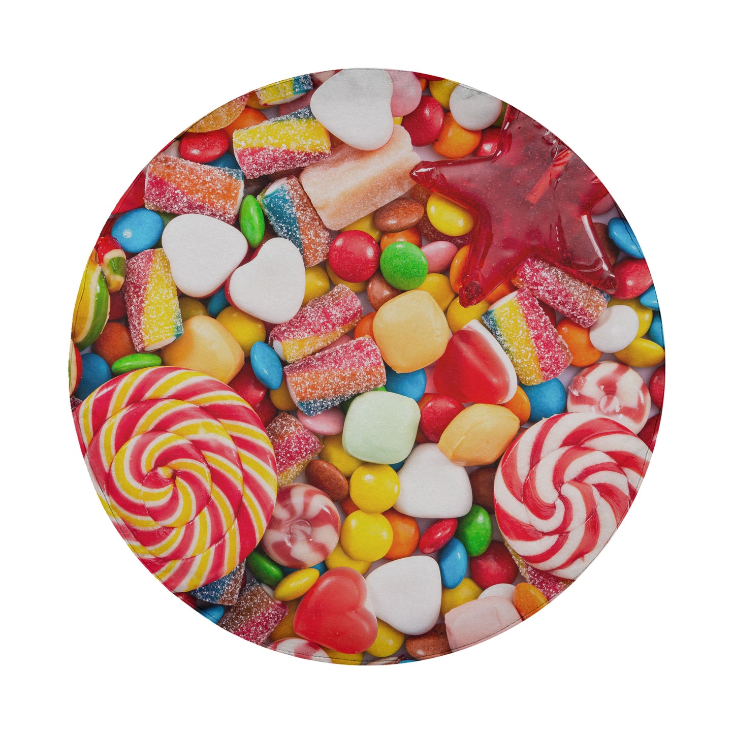 A colorful assortment of candies, including lollipops, jelly beans, and other sweets, is displayed in a circular arrangement.