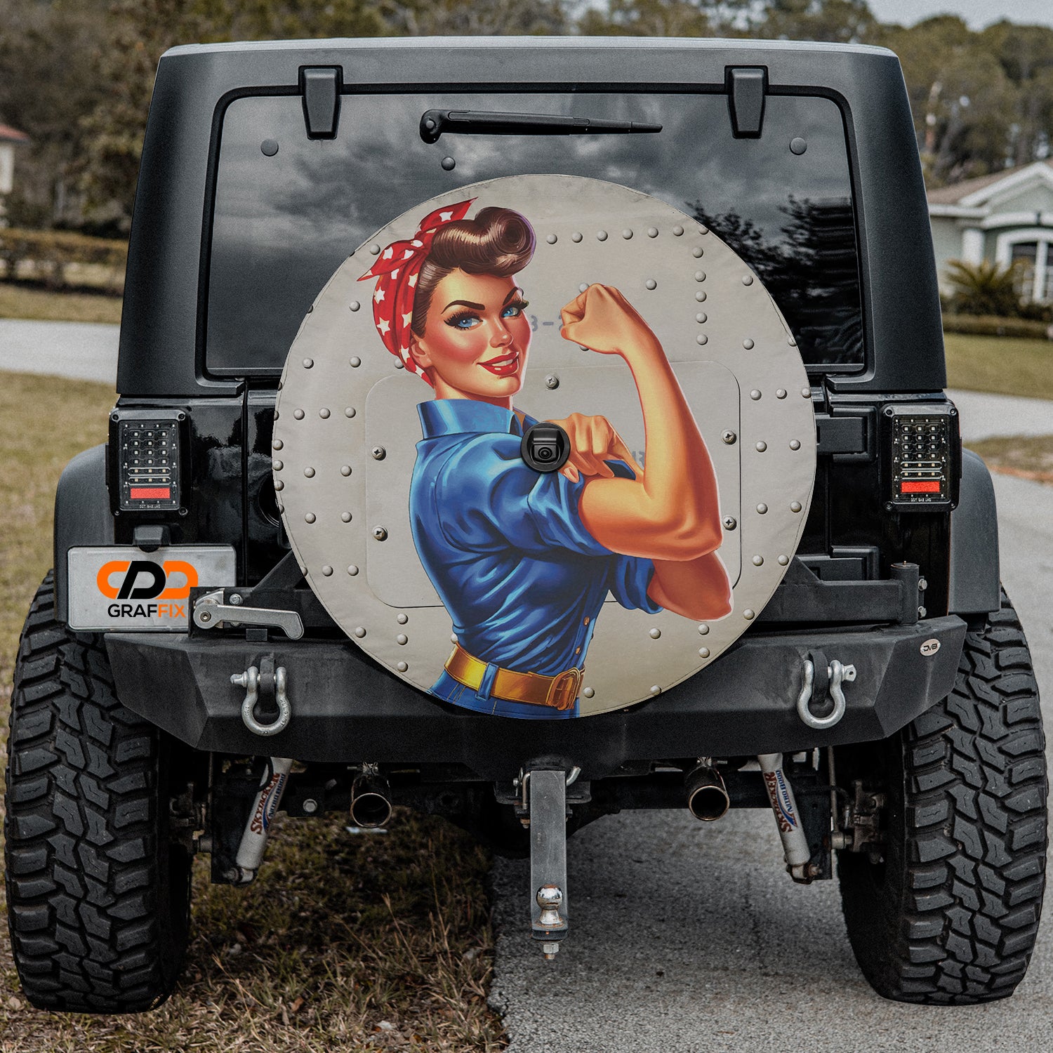 a jeep with a picture of a woman on the front