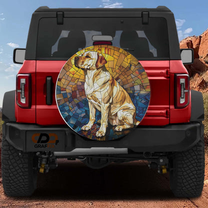 a red Jeep Wrangler with a large, colorful mosaic-style dog sticker on the rear window.