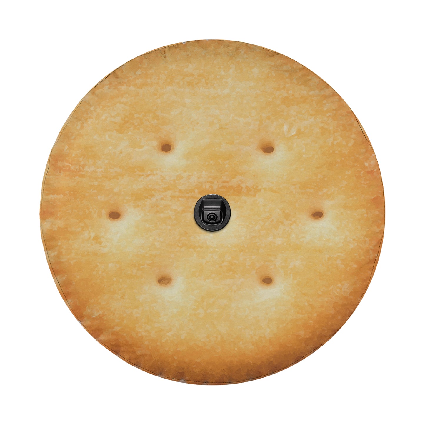 A round, golden-brown cracker with a black camera hole in the center.