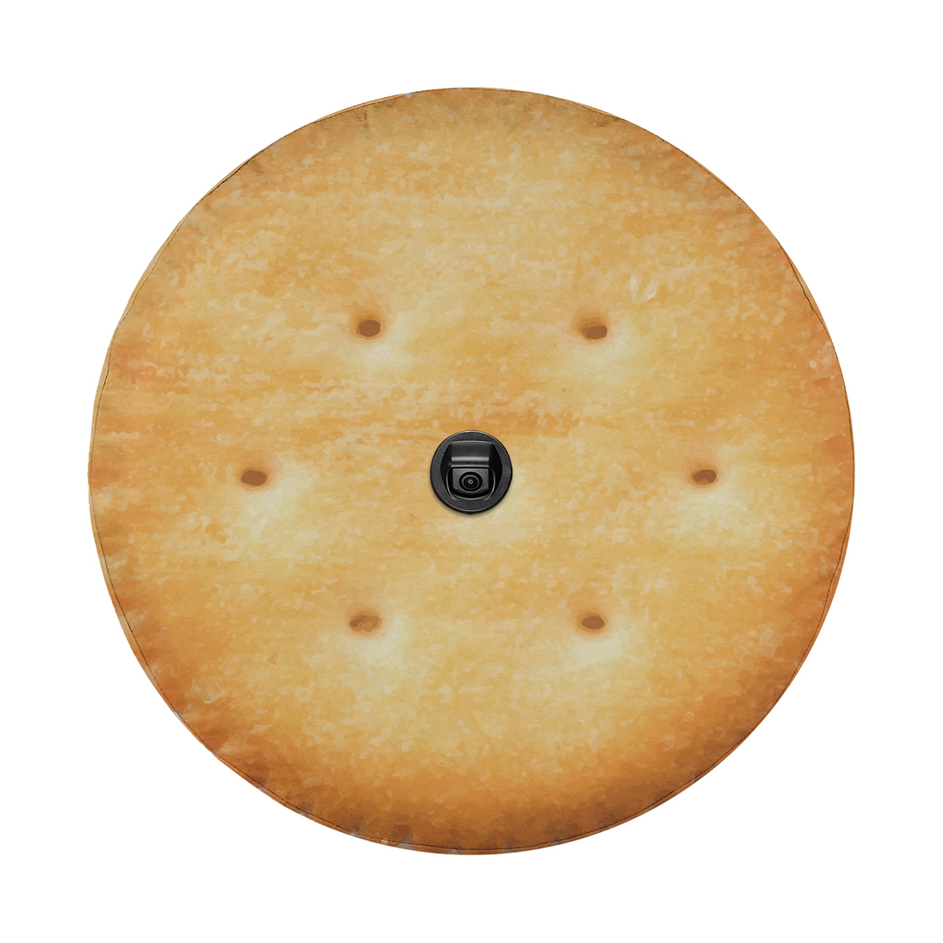 A round, golden-brown cracker with a black camera hole in the center.