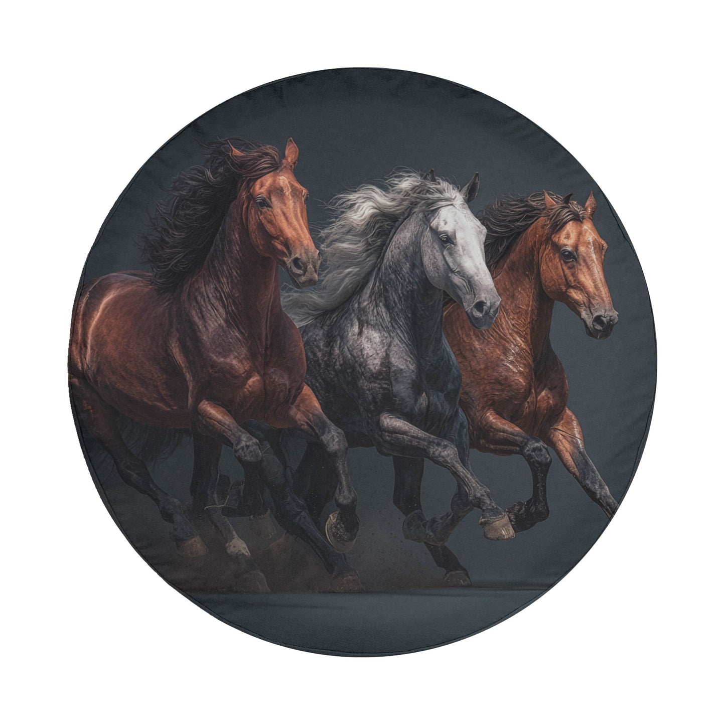 Three horses galloping together in a circular frame.