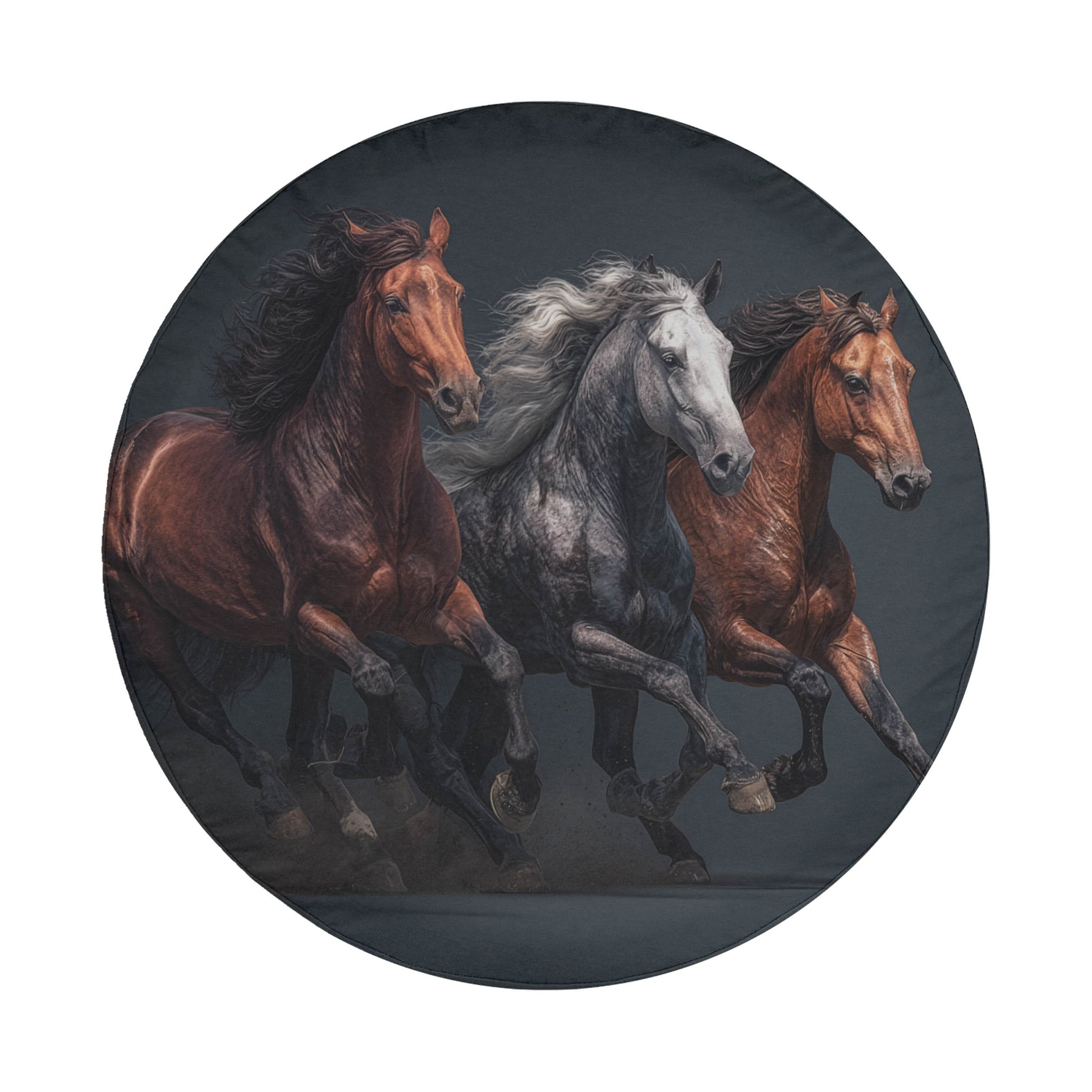 Three horses galloping together in a circular frame.