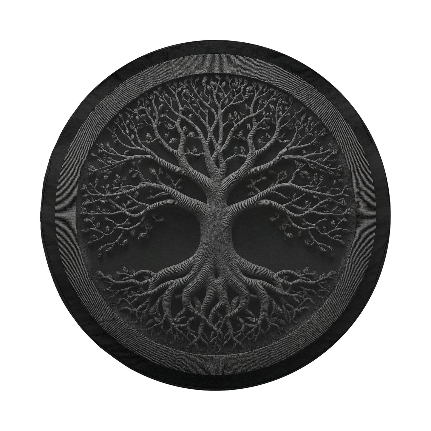a detailed, intricate tree design with a circular frame surrounding it.