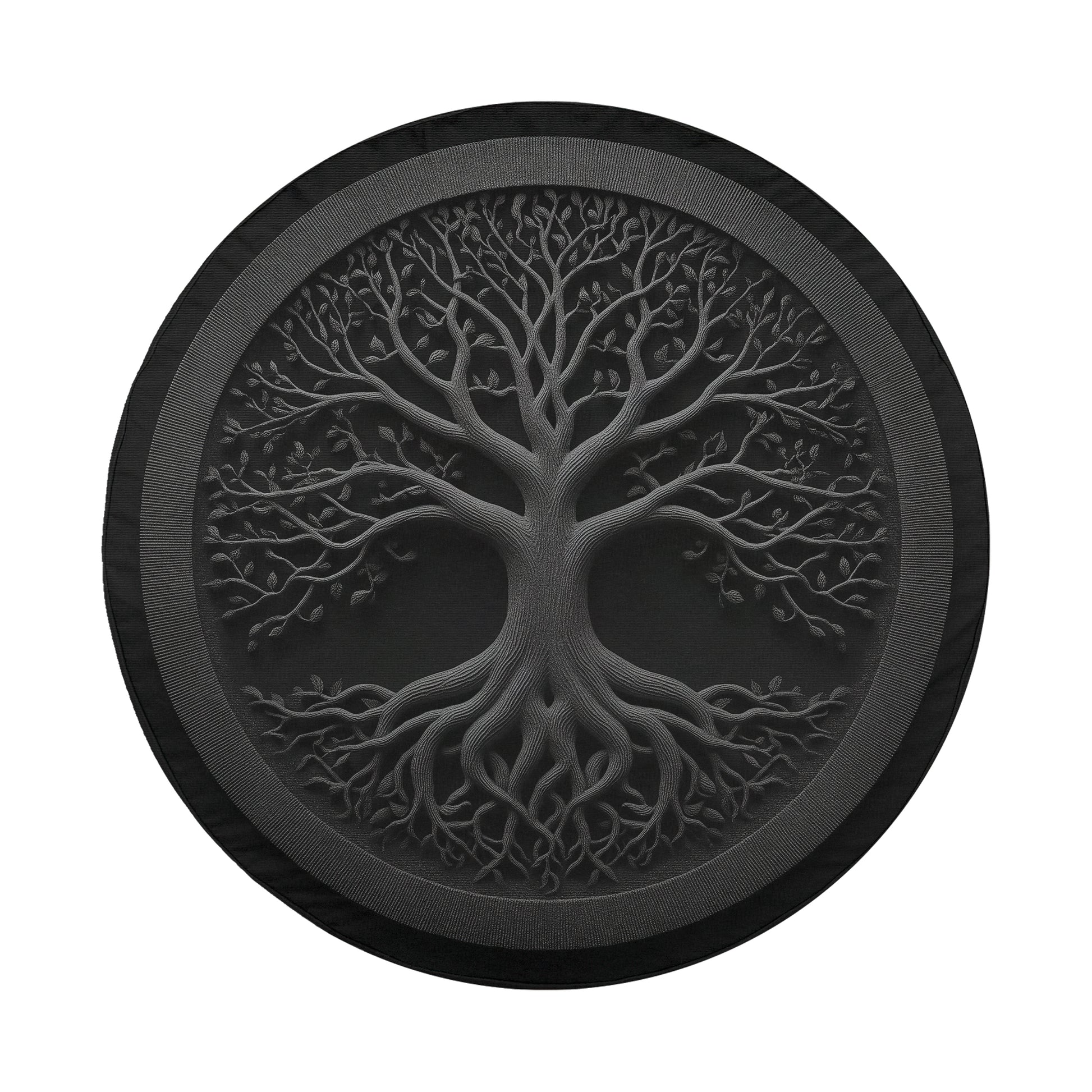a detailed, intricate tree design with a circular frame surrounding it.
