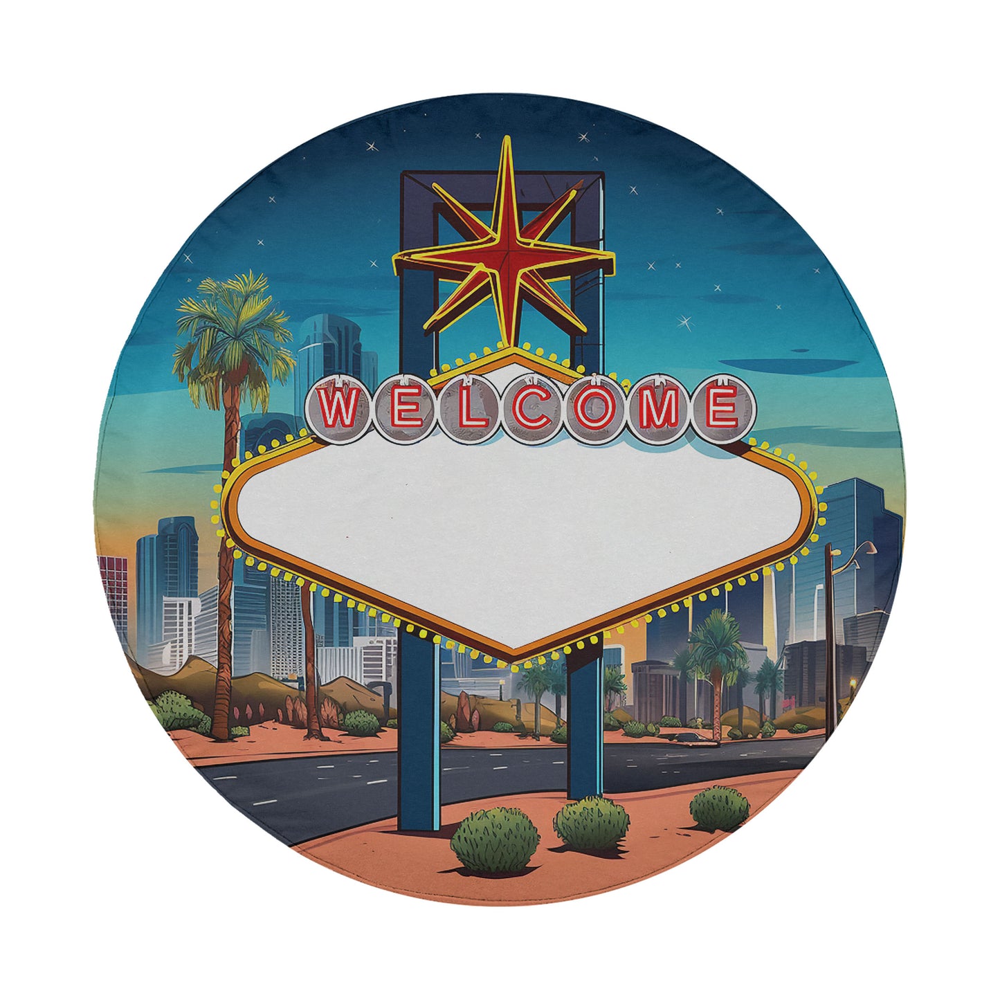 A circular sign with a star and the word "WELCOME" in the center, surrounded by a cityscape with palm trees and buildings at night.