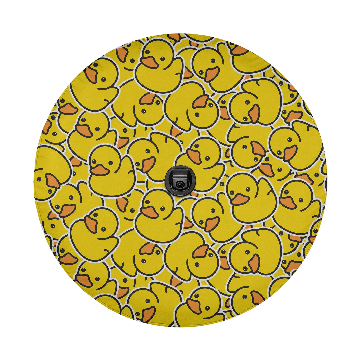 a circular pattern of yellow duck illustrations, with a black camera or lens in the center.