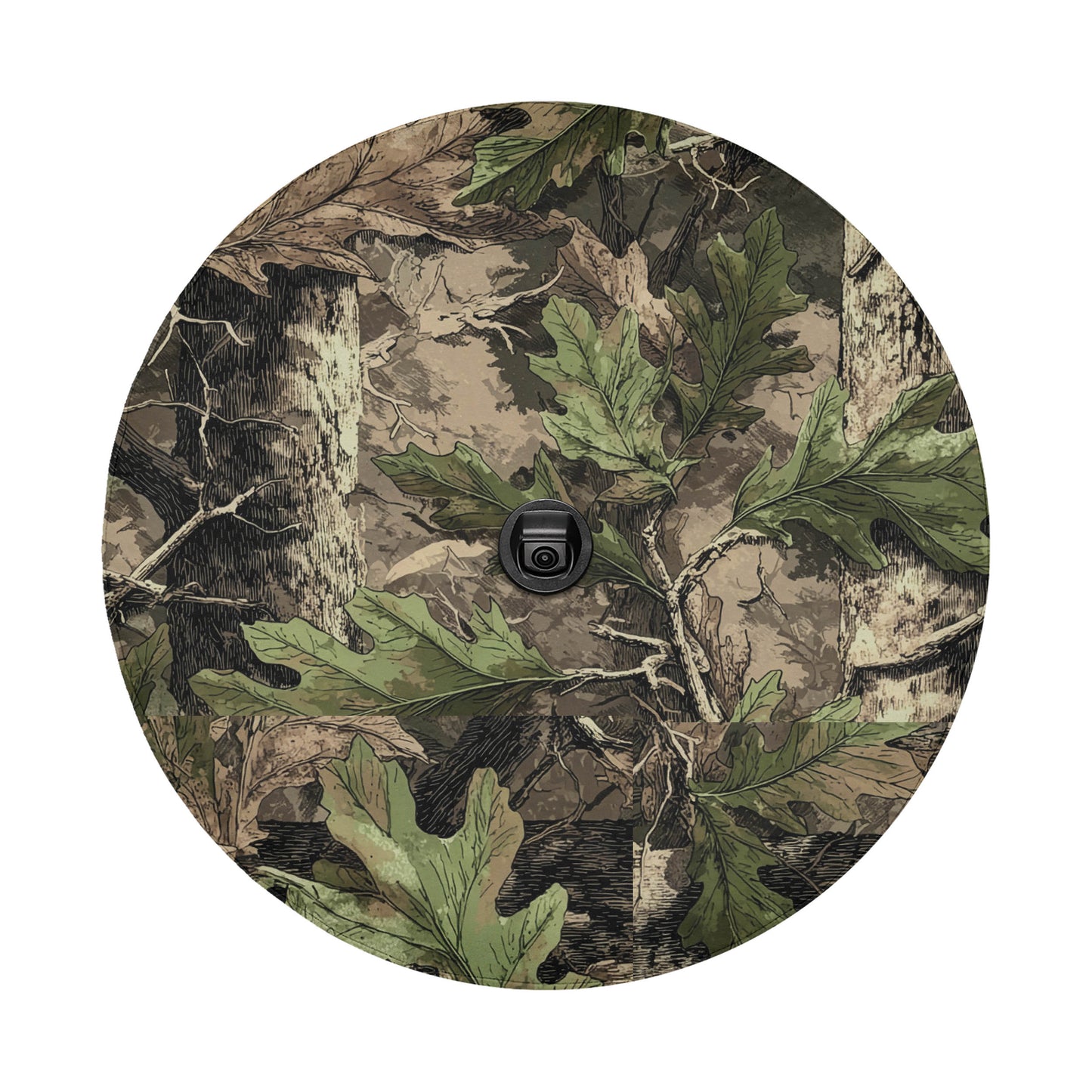 a camouflage pattern with various shades of green and brown leaves and branches, creating a natural and intricate design.