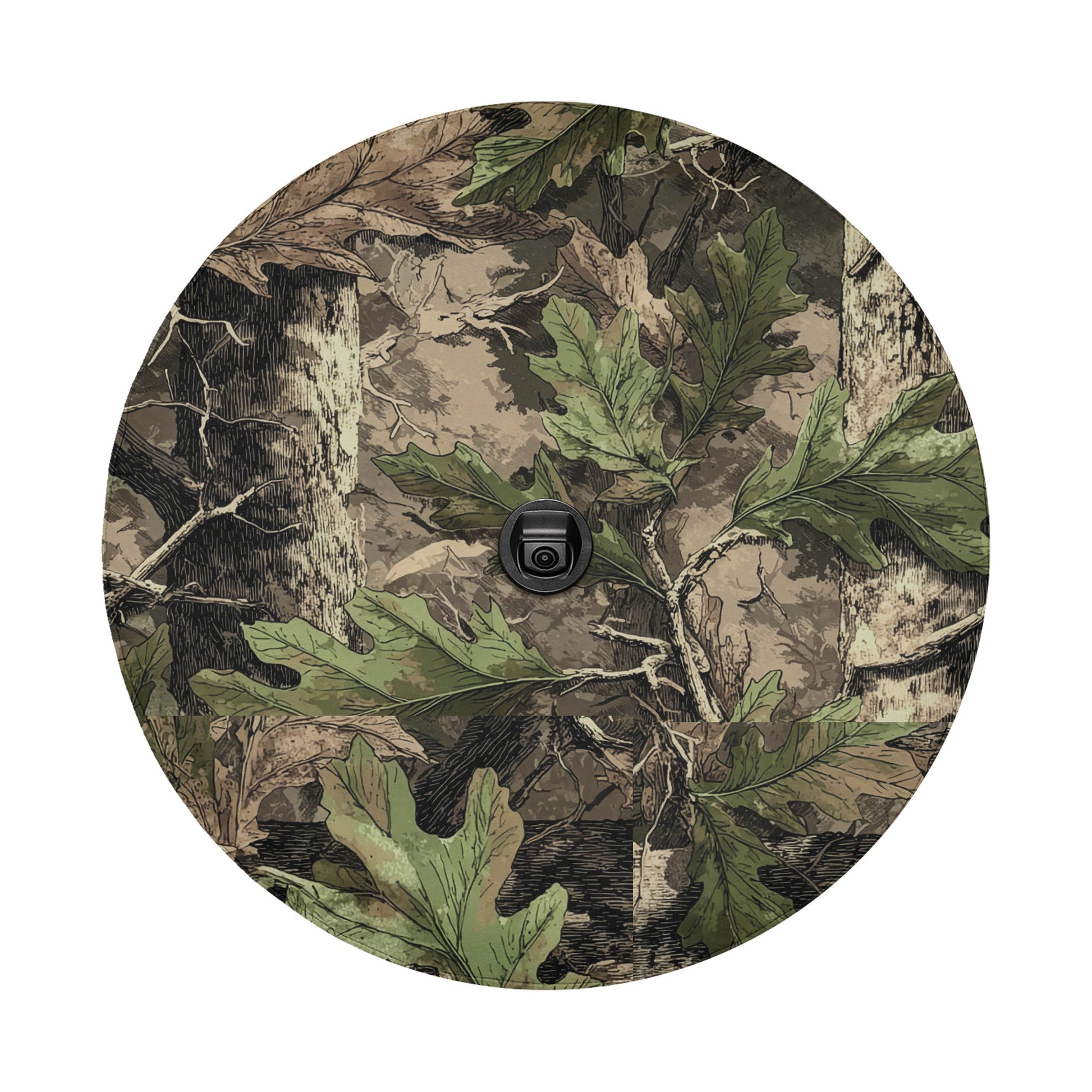 a camouflage pattern with various shades of green and brown leaves and branches, creating a natural and intricate design.