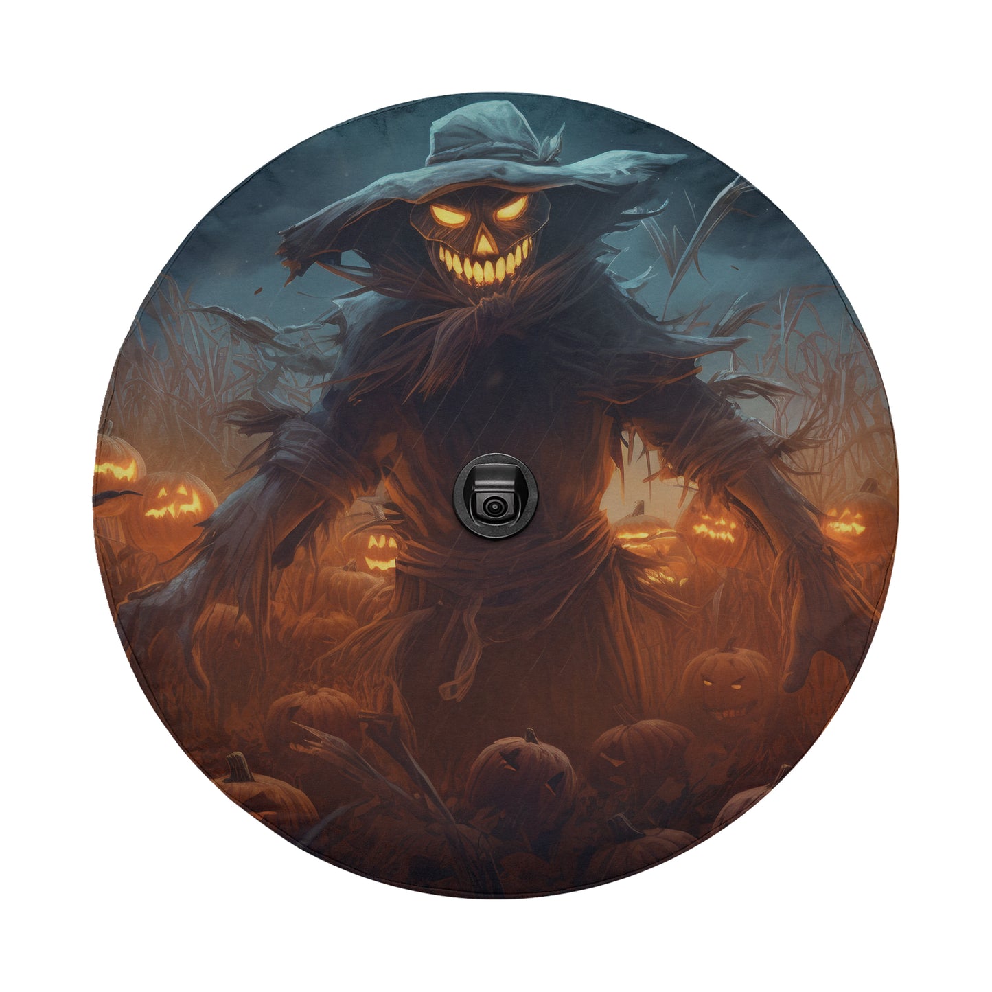 A spooky, eerie figure with glowing eyes and a menacing expression stands amidst a field of pumpkins, creating a haunting and unsettling atmosphere.