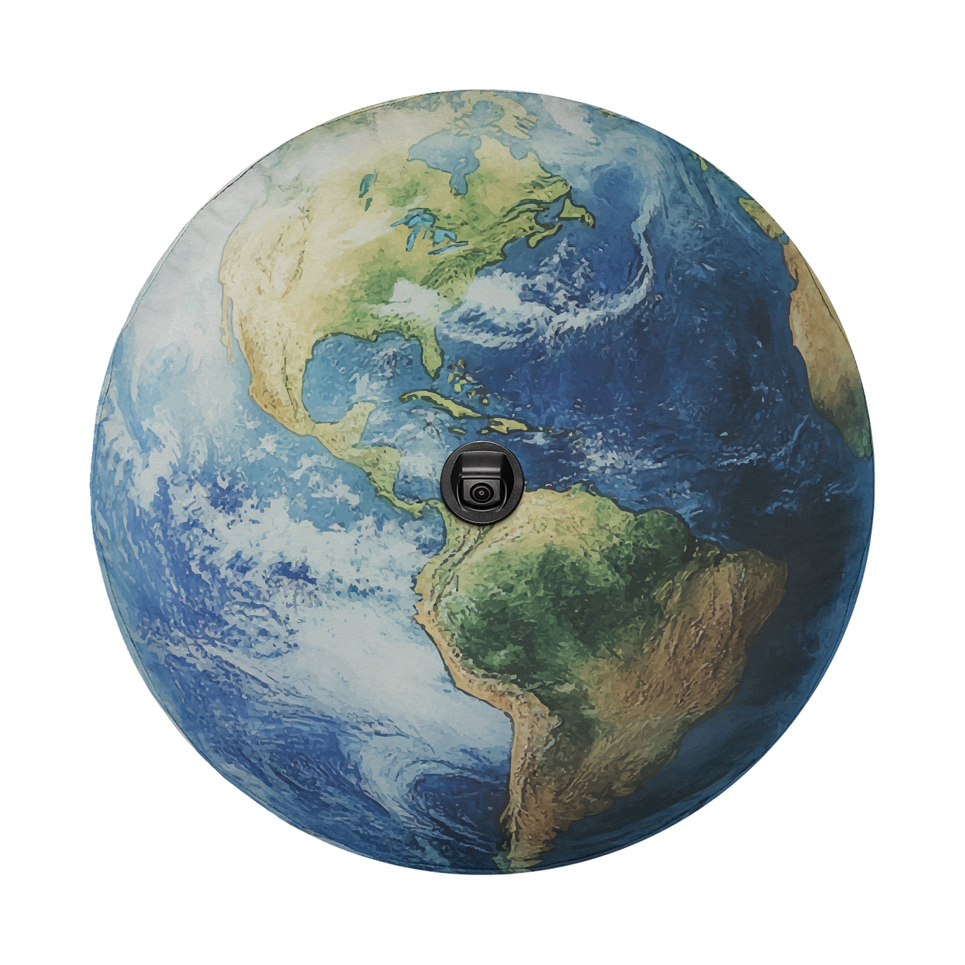 a globe with a camera lens in the center.