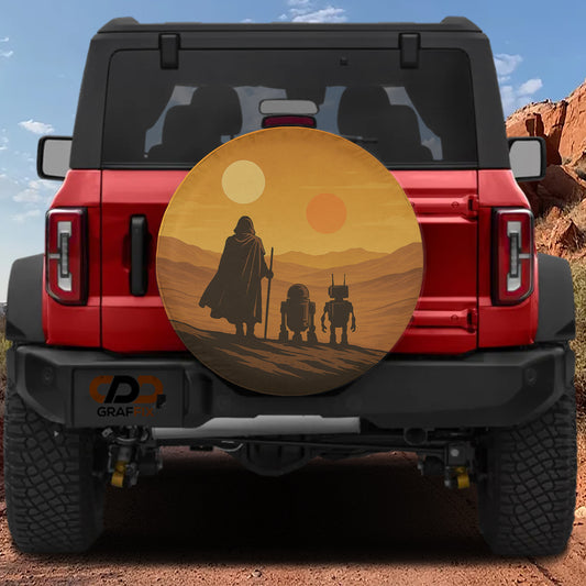 a red Jeep Wrangler with a large wheel cover depicting a scene from the Star Wars movie, including a character holding a staff and two smaller figures.
