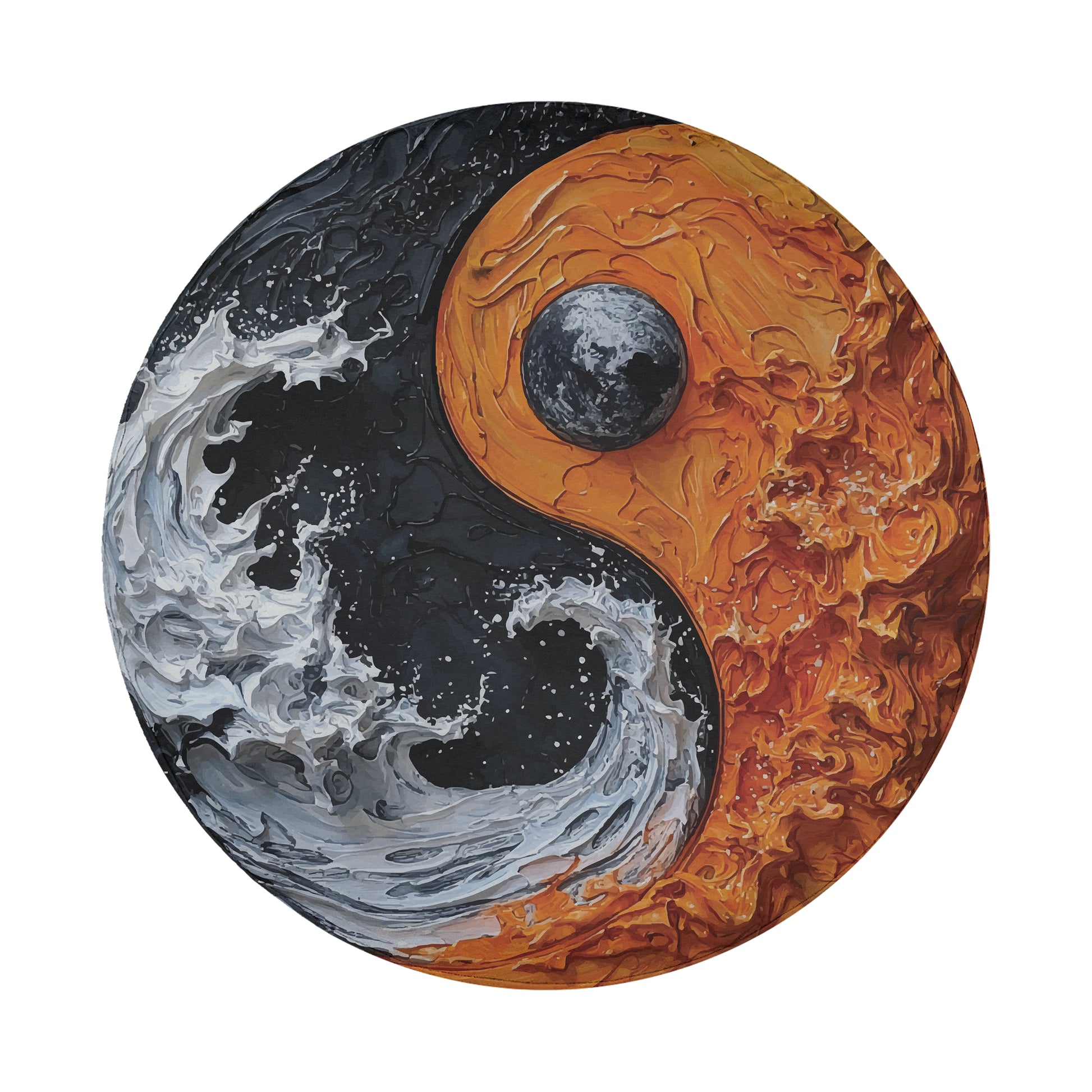 The image is a circular painting depicting a yin and yang symbol, with a large black circle representing the moon in the center. Surrounding the moon are two contrasting waves, one white and one orange, symbolizing the balance between opposing forces.