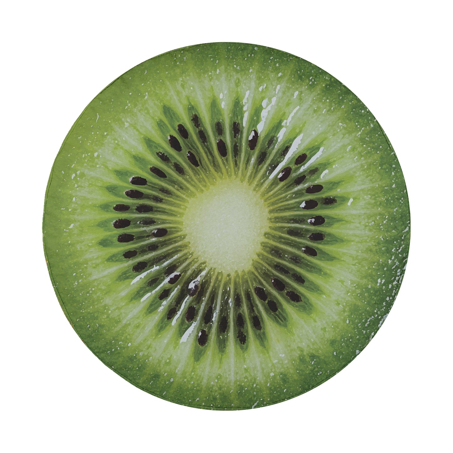 A close-up view of a kiwi fruit, showcasing its vibrant green flesh and distinctive black seeds.
