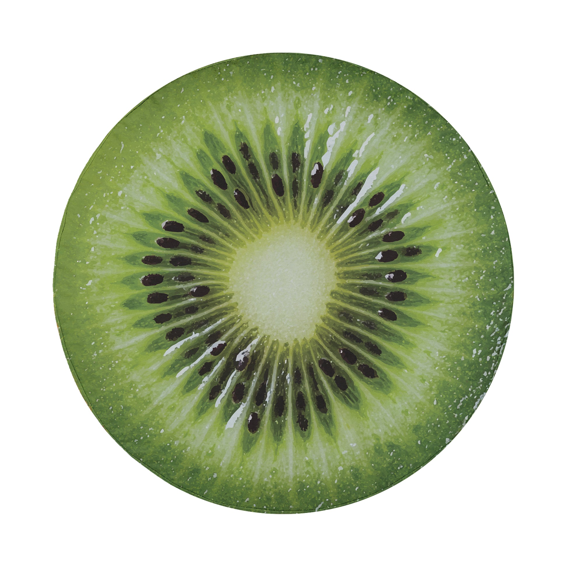 A close-up view of a kiwi fruit, showcasing its vibrant green flesh and distinctive black seeds.