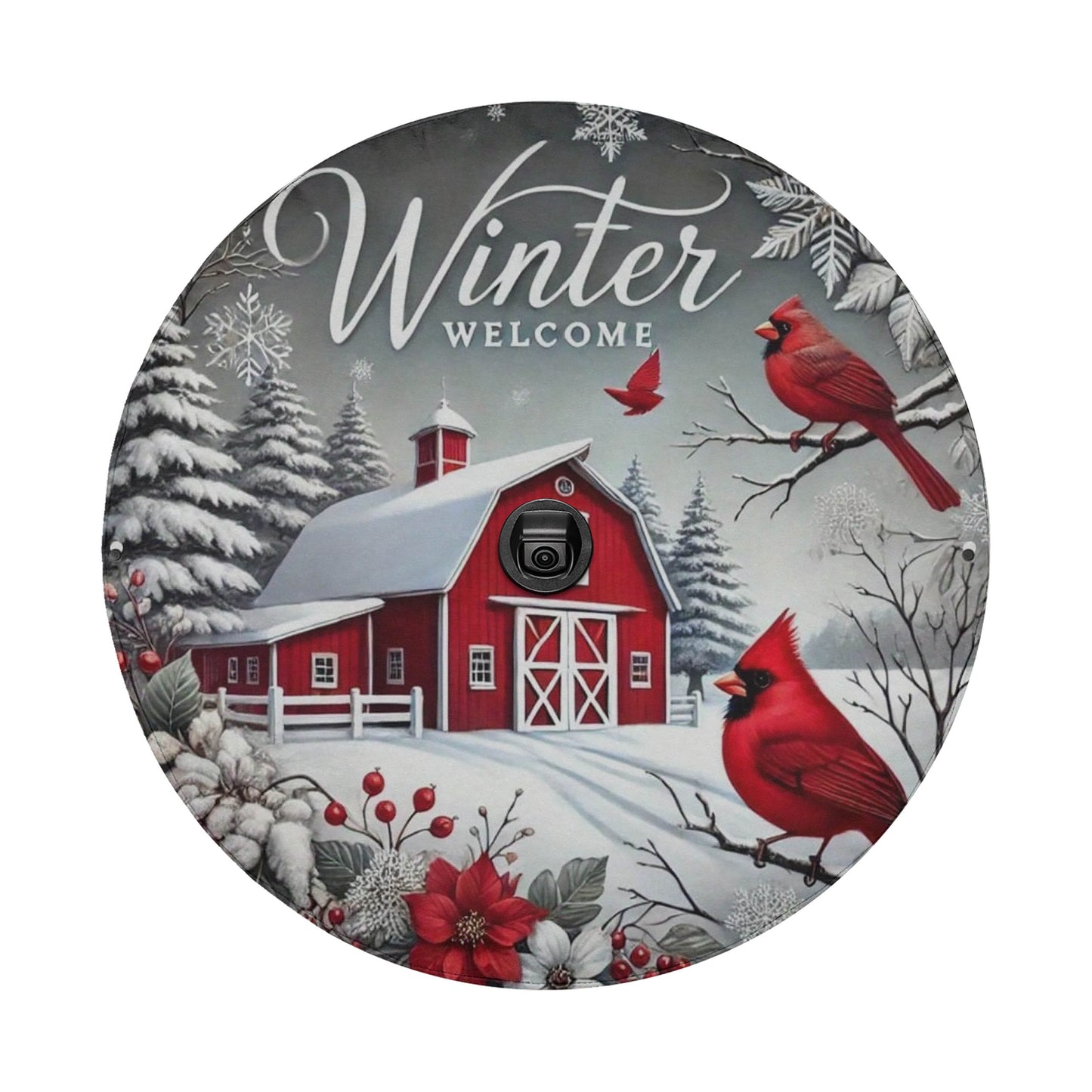 A red barn surrounded by snow and trees, with two red birds perched on branches, and the text "Winter Welcome" written above the barn.