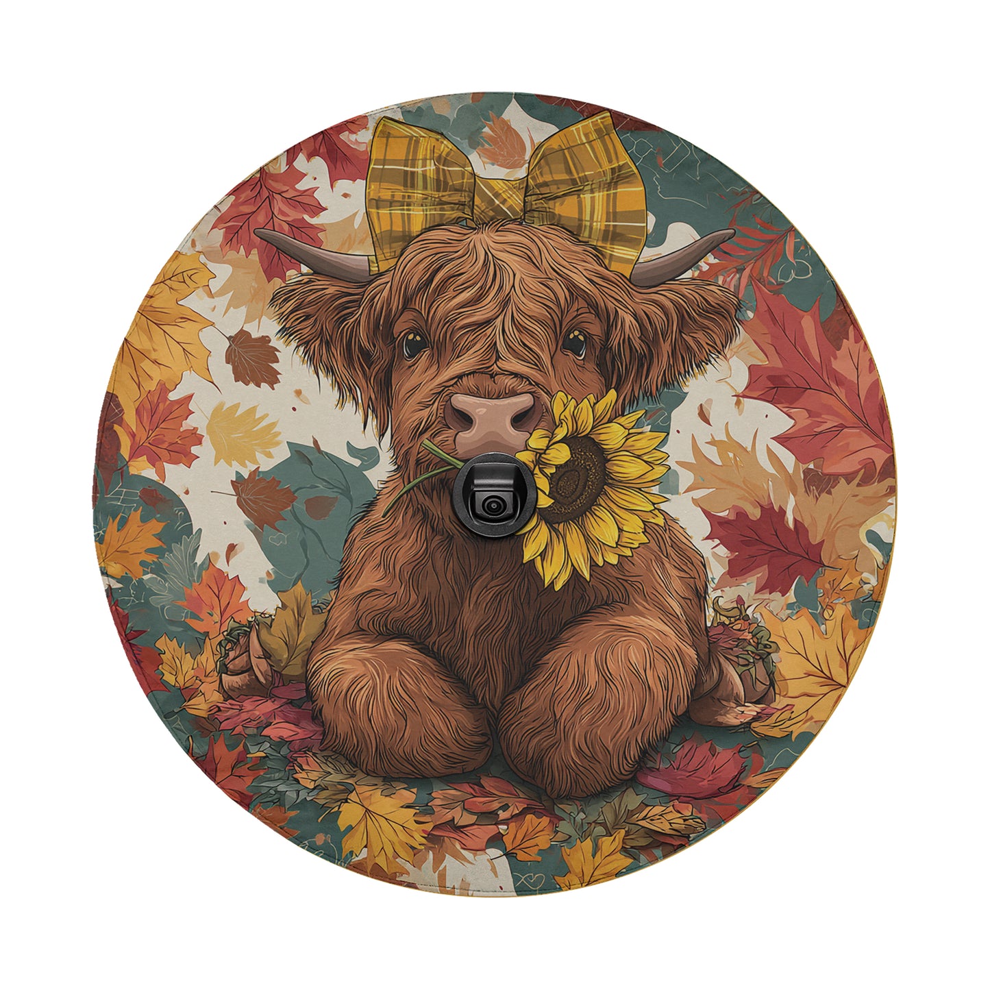 A brown cow with a yellow flower in its mouth is surrounded by autumn leaves in the image.