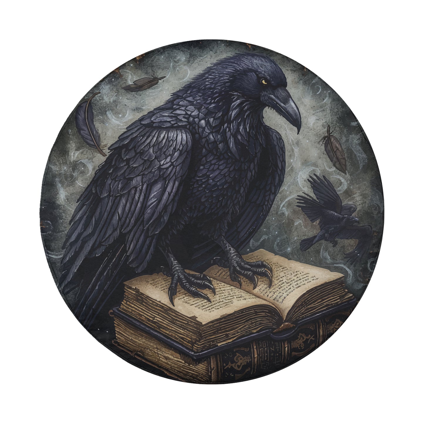 A black raven perches on an open book, surrounded by feathers and a dark, mysterious background.