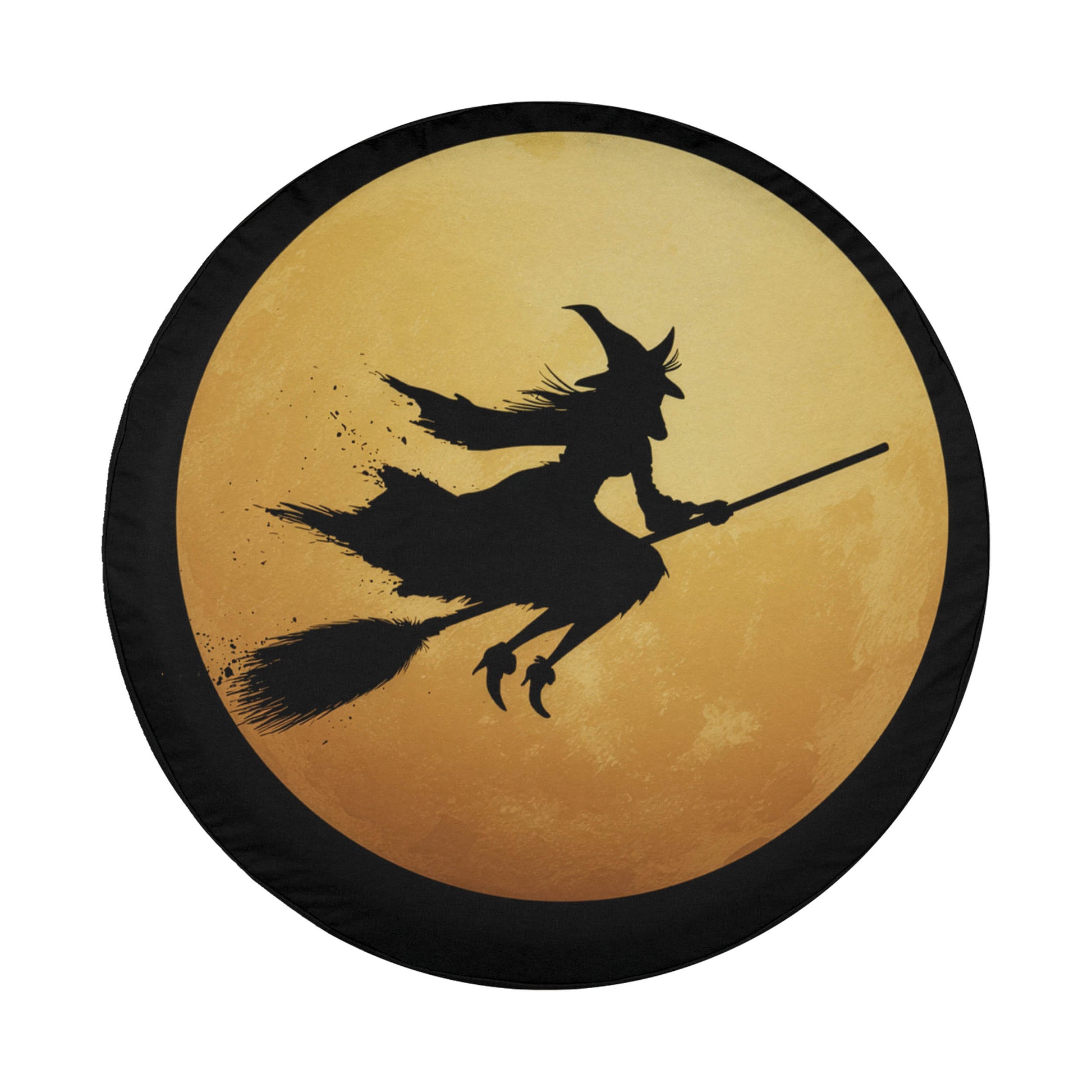 A silhouette of a witch riding a broom against a large, glowing orange moon.
