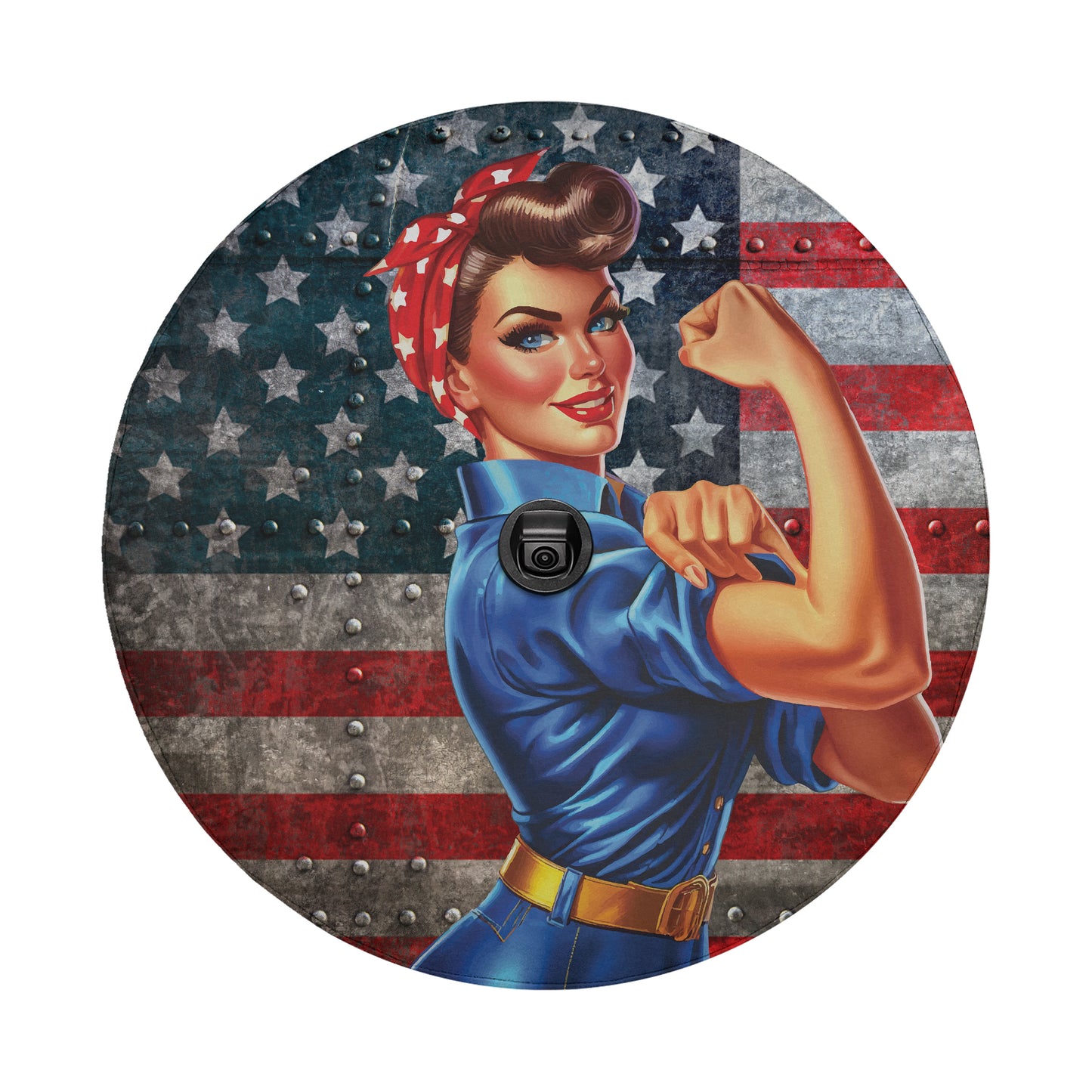 A woman with a determined expression is depicted in a patriotic setting, with an American flag in the background.
